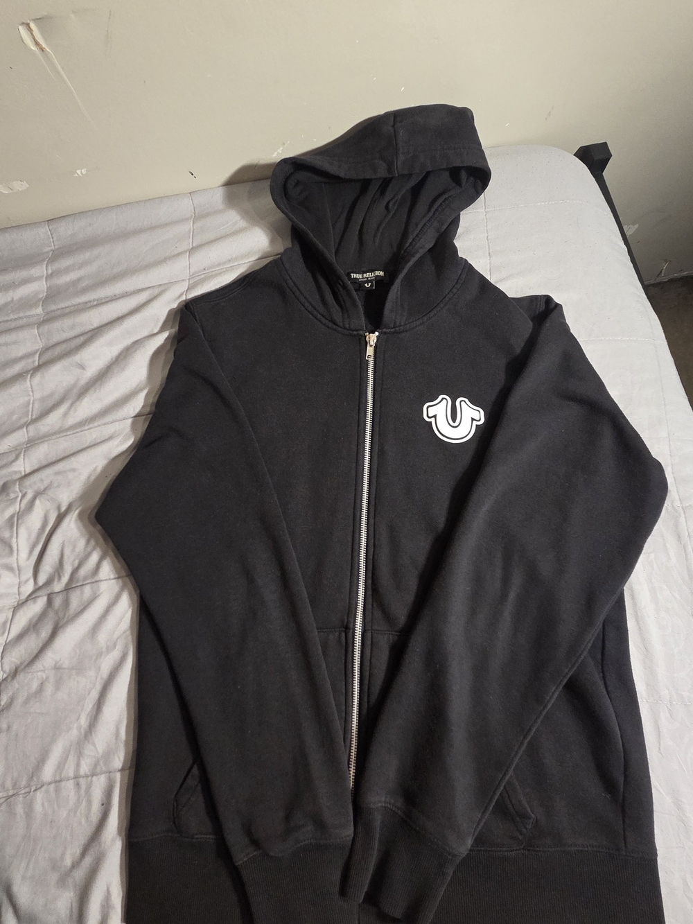 True Religion Black Zip Hoodie with White Logo Patch